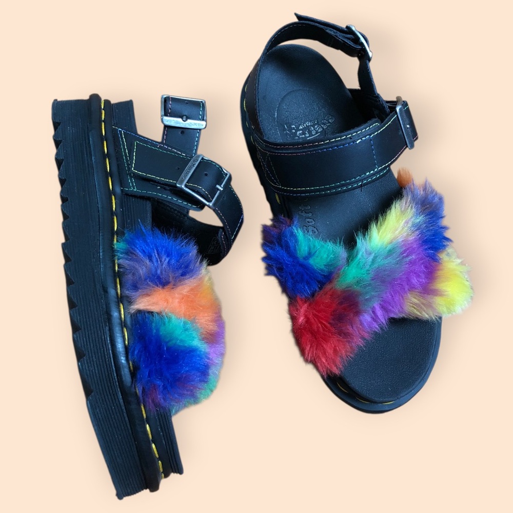 Dr. Martens Voss II Fluffy Faux Fur Strap Sandals Multicolor Platform Women’s 8